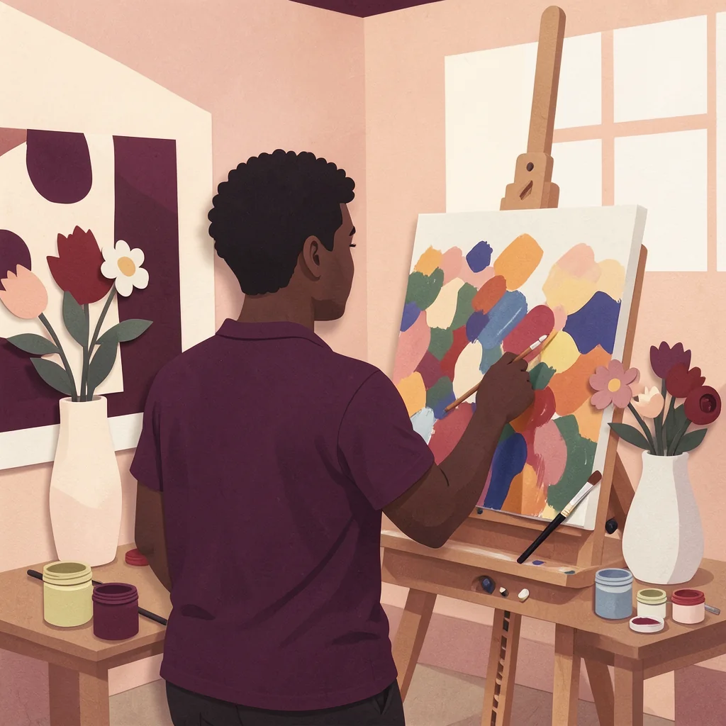 Illustration: a person paints at an easel in a sunny art room.