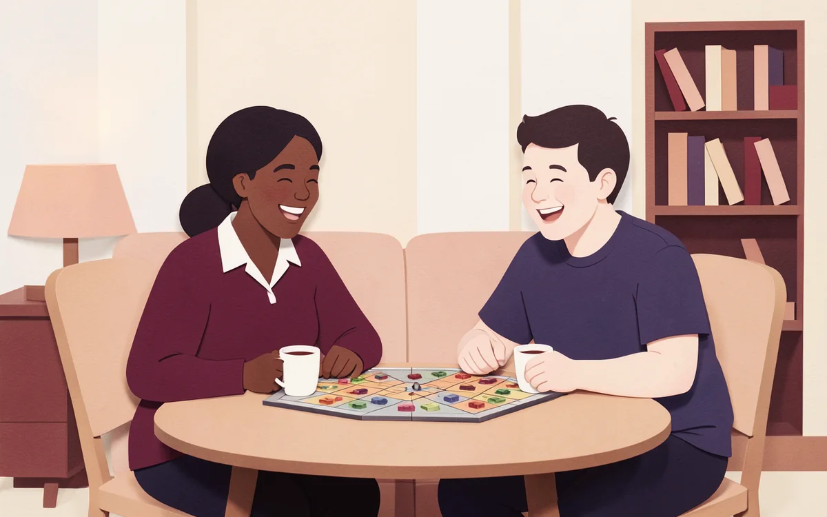 Illustration: two people laugh together over a board game at a round table.