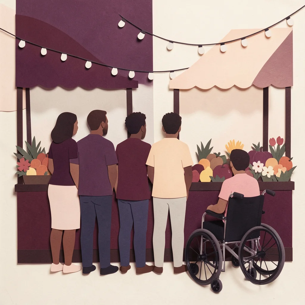 Illustration: a group of friends, one in a wheelchair, browses a farmers market stall.