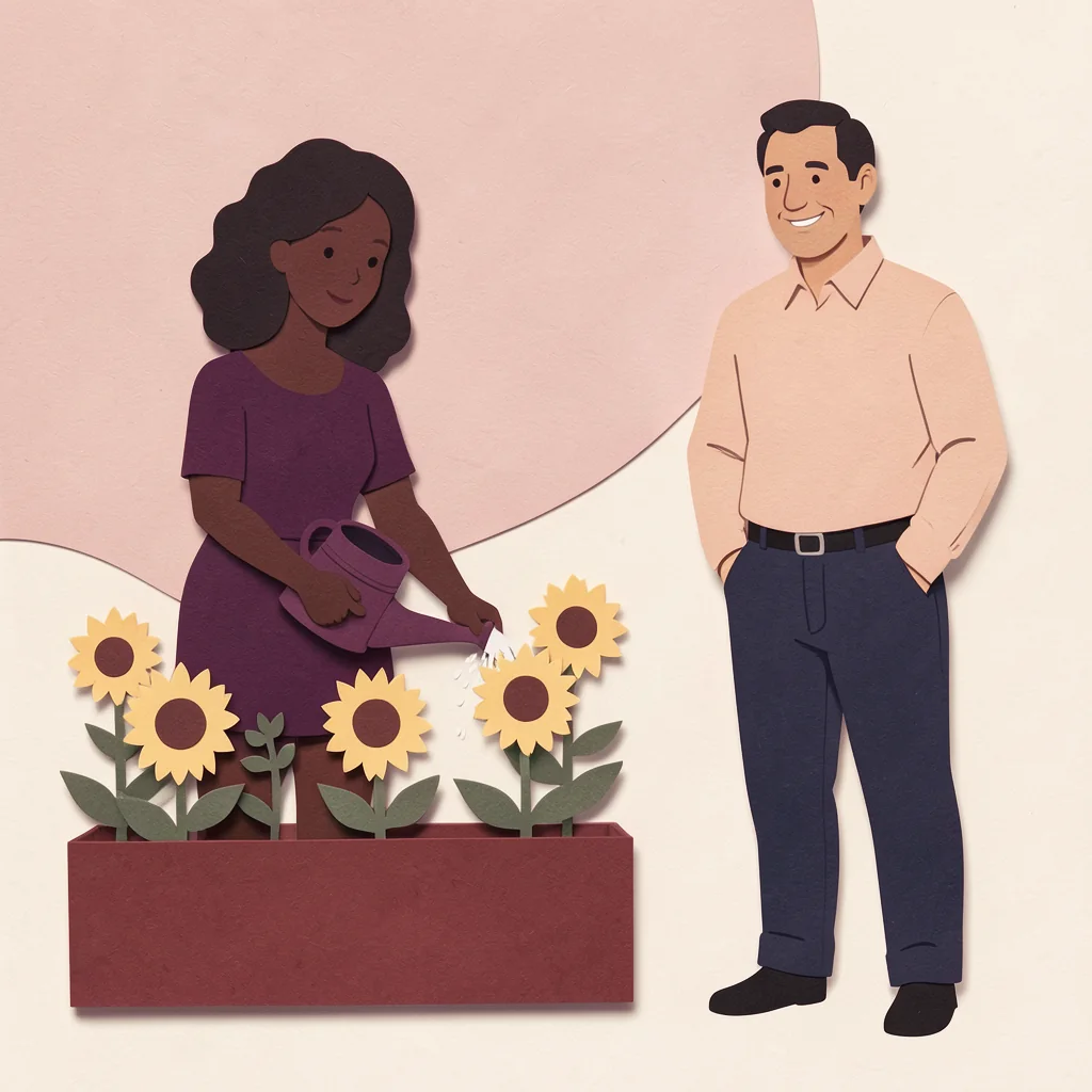 Illustration: a woman waters sunflowers in a garden bed while a man stands beside her, smiling.