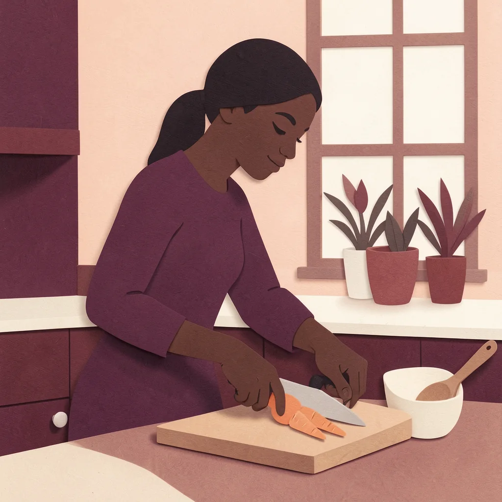 Illustration: a woman chops carrots on a cutting board in her kitchen.