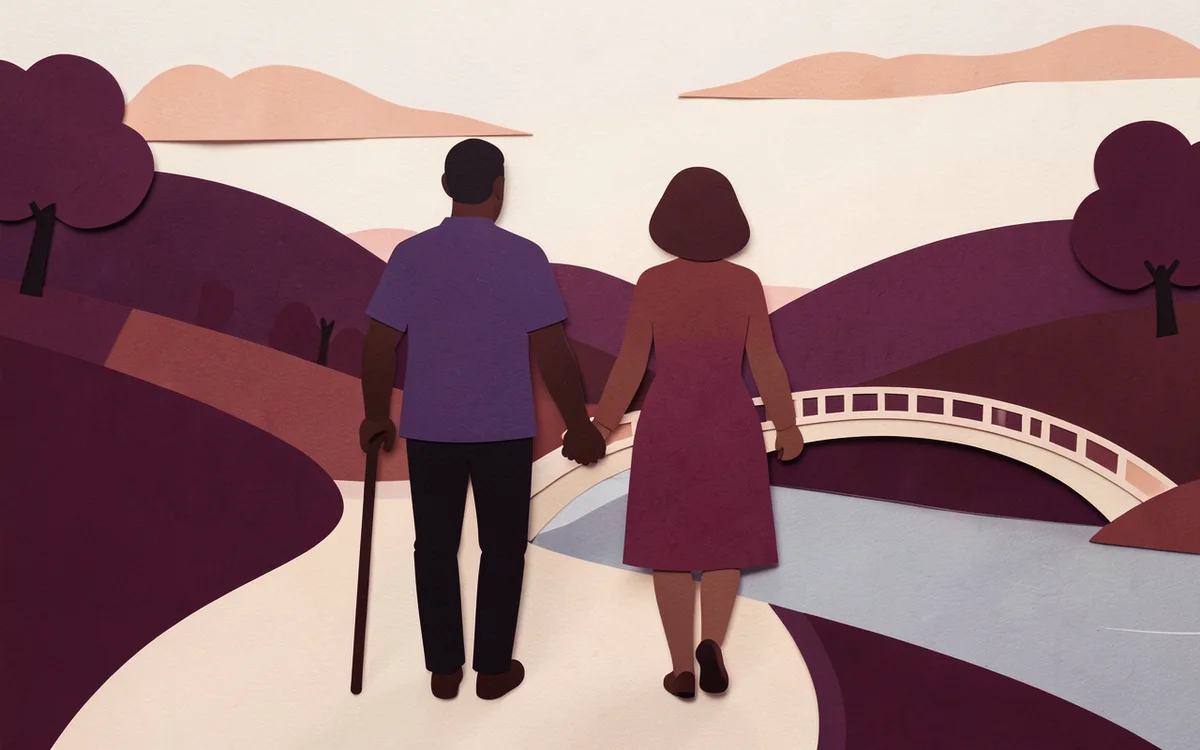 Illustration: two people walk hand in hand along a path toward an arched footbridge. One uses a cane.